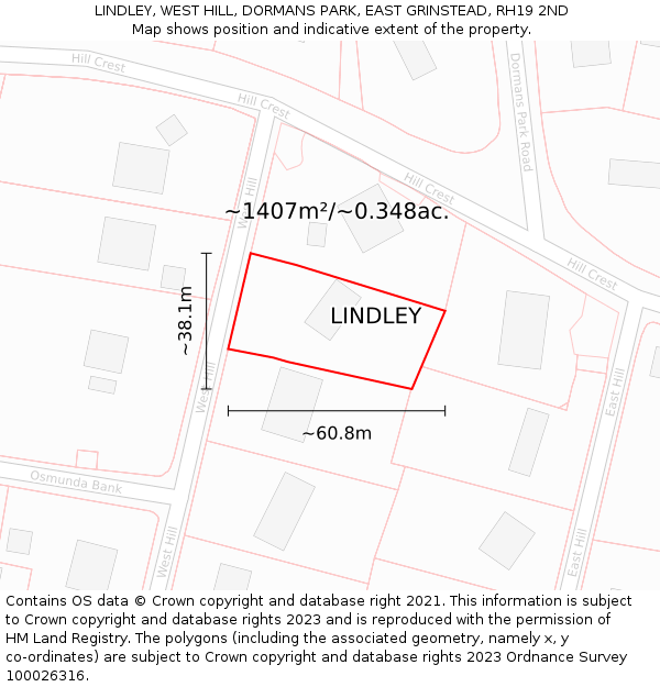 LINDLEY, WEST HILL, DORMANS PARK, EAST GRINSTEAD, RH19 2ND: Plot and title map