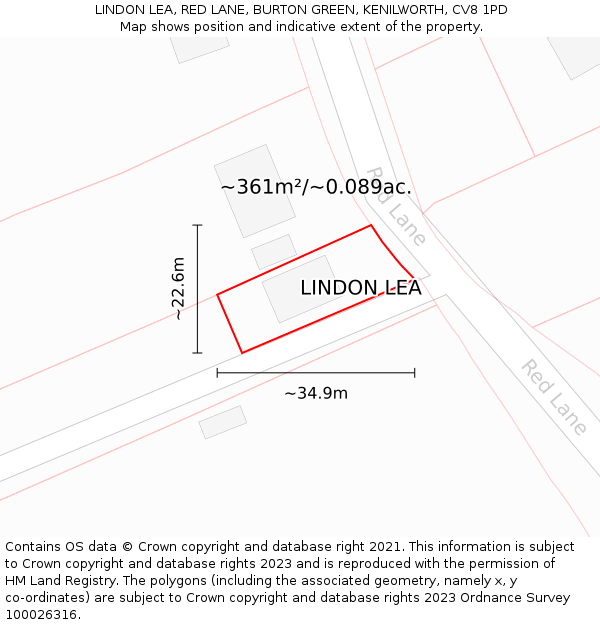 LINDON LEA, RED LANE, BURTON GREEN, KENILWORTH, CV8 1PD: Plot and title map