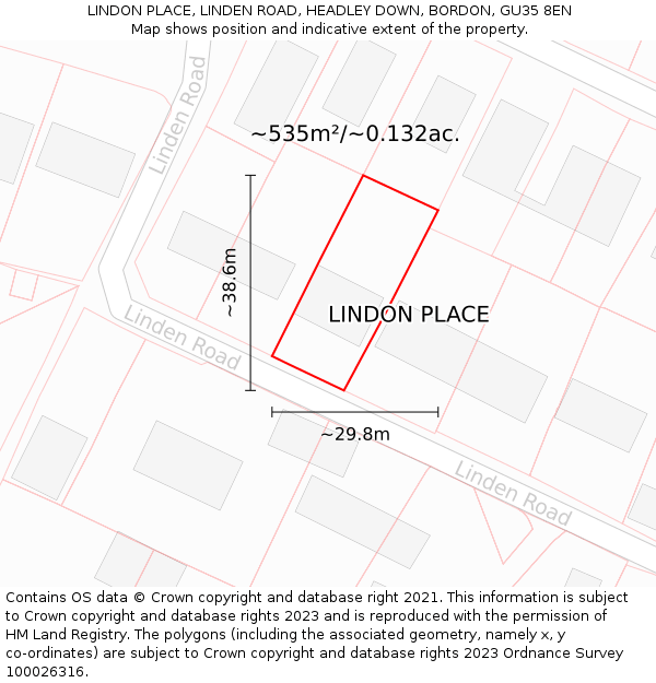LINDON PLACE, LINDEN ROAD, HEADLEY DOWN, BORDON, GU35 8EN: Plot and title map