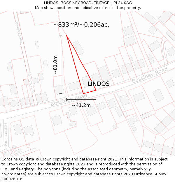 LINDOS, BOSSINEY ROAD, TINTAGEL, PL34 0AG: Plot and title map