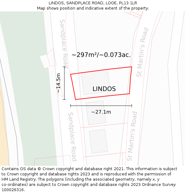 LINDOS, SANDPLACE ROAD, LOOE, PL13 1LR: Plot and title map