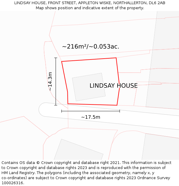 LINDSAY HOUSE, FRONT STREET, APPLETON WISKE, NORTHALLERTON, DL6 2AB: Plot and title map