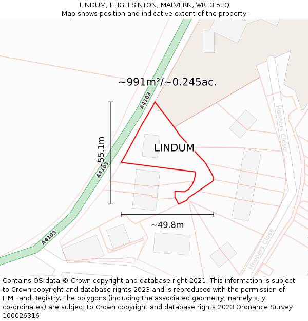 LINDUM, LEIGH SINTON, MALVERN, WR13 5EQ: Plot and title map