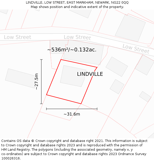 LINDVILLE, LOW STREET, EAST MARKHAM, NEWARK, NG22 0QQ: Plot and title map