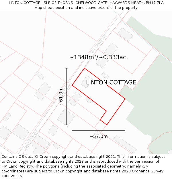 LINTON COTTAGE, ISLE OF THORNS, CHELWOOD GATE, HAYWARDS HEATH, RH17 7LA: Plot and title map