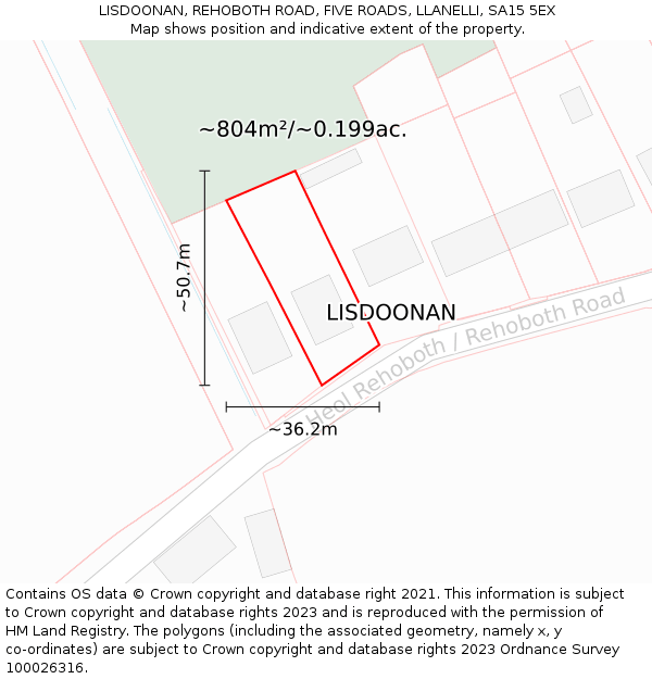 LISDOONAN, REHOBOTH ROAD, FIVE ROADS, LLANELLI, SA15 5EX: Plot and title map