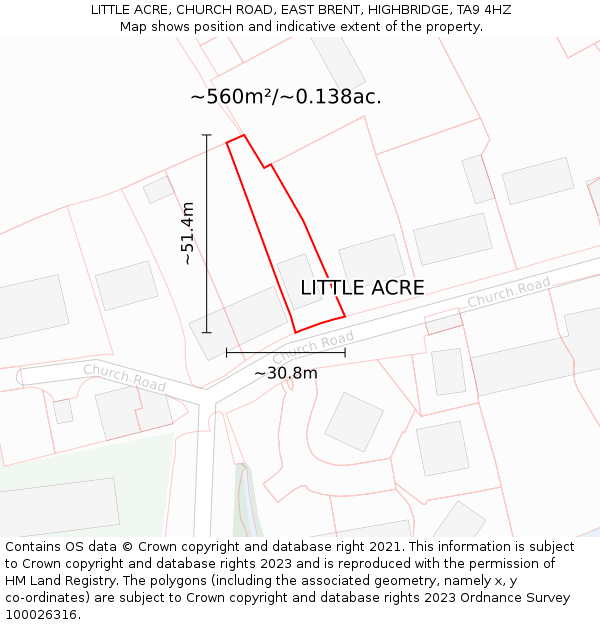 LITTLE ACRE, CHURCH ROAD, EAST BRENT, HIGHBRIDGE, TA9 4HZ: Plot and title map