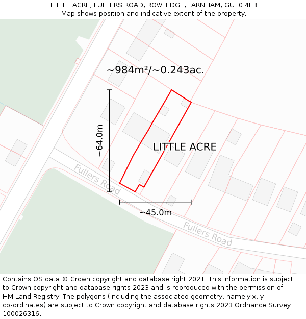 LITTLE ACRE, FULLERS ROAD, ROWLEDGE, FARNHAM, GU10 4LB: Plot and title map