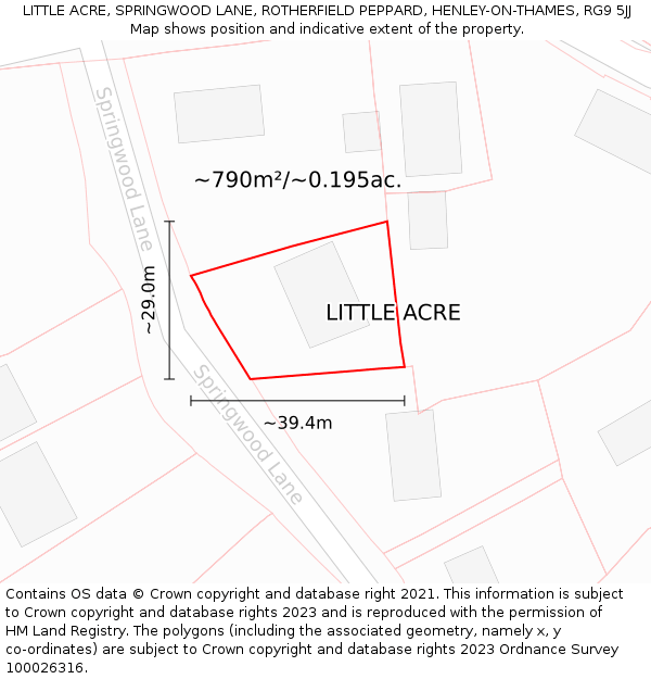 LITTLE ACRE, SPRINGWOOD LANE, ROTHERFIELD PEPPARD, HENLEY-ON-THAMES, RG9 5JJ: Plot and title map