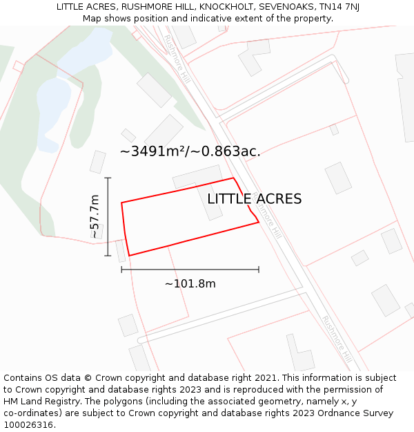 LITTLE ACRES, RUSHMORE HILL, KNOCKHOLT, SEVENOAKS, TN14 7NJ: Plot and title map