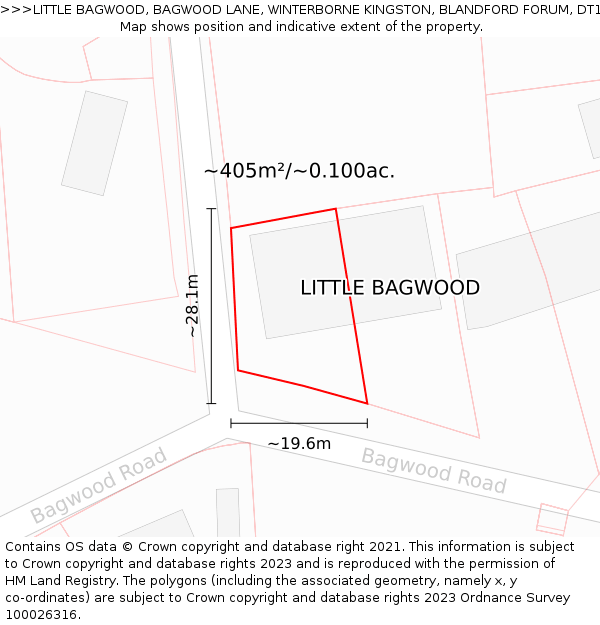 LITTLE BAGWOOD, BAGWOOD LANE, WINTERBORNE KINGSTON, BLANDFORD FORUM, DT11 9BB: Plot and title map