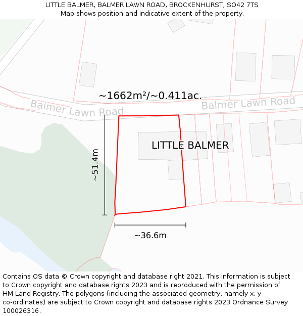 LITTLE BALMER, BALMER LAWN ROAD, BROCKENHURST, SO42 7TS: Plot and title map
