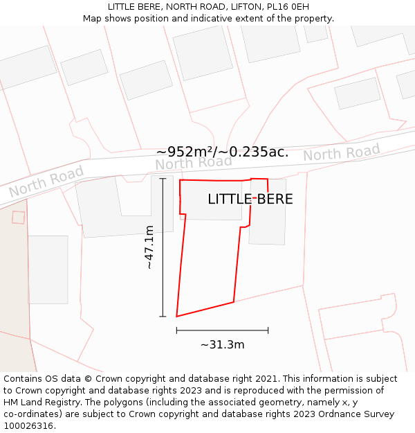 LITTLE BERE, NORTH ROAD, LIFTON, PL16 0EH: Plot and title map