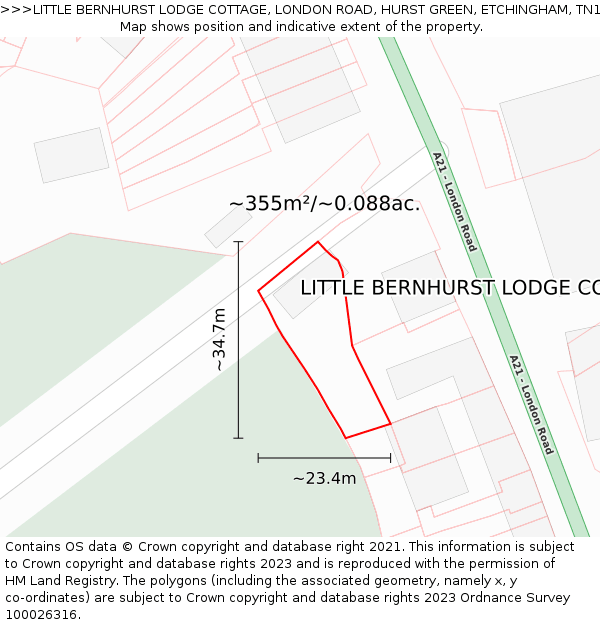 LITTLE BERNHURST LODGE COTTAGE, LONDON ROAD, HURST GREEN, ETCHINGHAM, TN19 7PN: Plot and title map