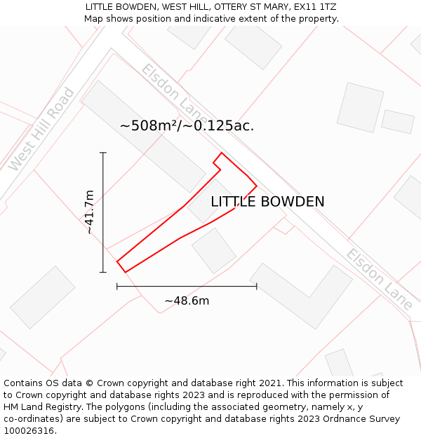 LITTLE BOWDEN, WEST HILL, OTTERY ST MARY, EX11 1TZ: Plot and title map