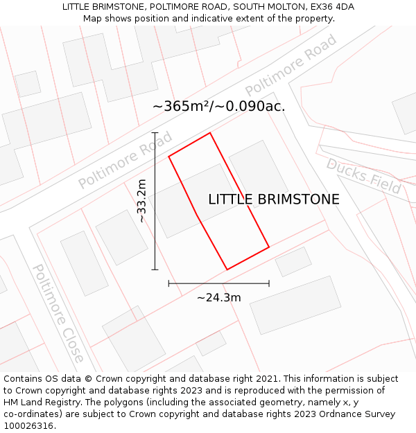 LITTLE BRIMSTONE, POLTIMORE ROAD, SOUTH MOLTON, EX36 4DA: Plot and title map