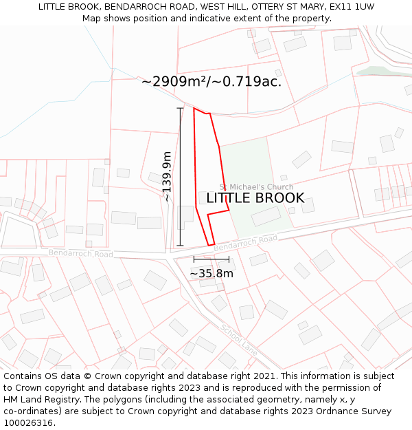 LITTLE BROOK, BENDARROCH ROAD, WEST HILL, OTTERY ST MARY, EX11 1UW: Plot and title map