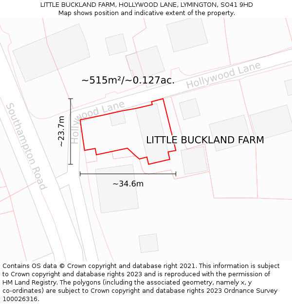 LITTLE BUCKLAND FARM, HOLLYWOOD LANE, LYMINGTON, SO41 9HD: Plot and title map