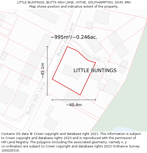 LITTLE BUNTINGS, BUTTS ASH LANE, HYTHE, SOUTHAMPTON, SO45 3RN: Plot and title map