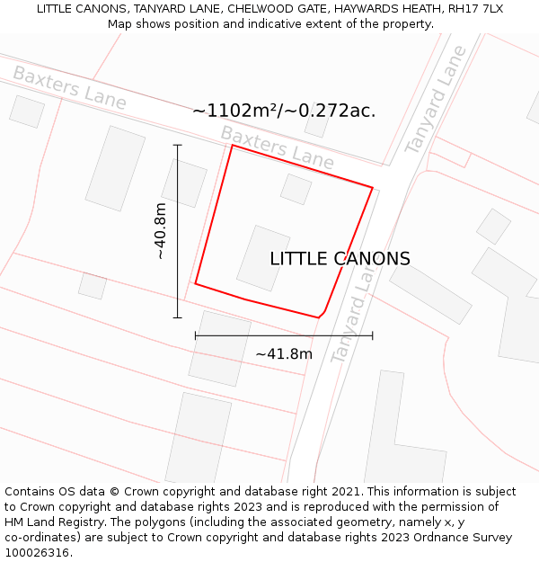 LITTLE CANONS, TANYARD LANE, CHELWOOD GATE, HAYWARDS HEATH, RH17 7LX: Plot and title map