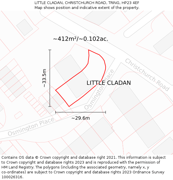 LITTLE CLADAN, CHRISTCHURCH ROAD, TRING, HP23 4EF: Plot and title map