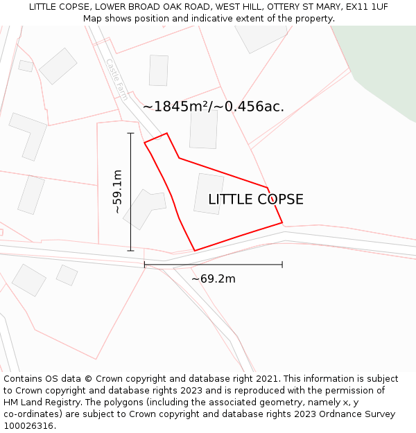 LITTLE COPSE, LOWER BROAD OAK ROAD, WEST HILL, OTTERY ST MARY, EX11 1UF: Plot and title map