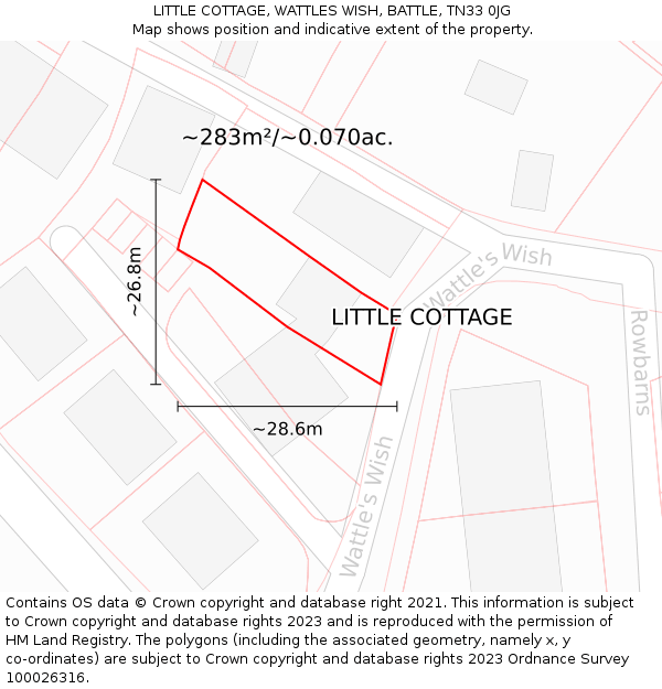 LITTLE COTTAGE, WATTLES WISH, BATTLE, TN33 0JG: Plot and title map