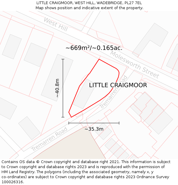 LITTLE CRAIGMOOR, WEST HILL, WADEBRIDGE, PL27 7EL: Plot and title map