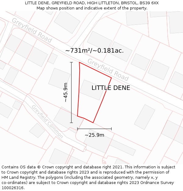 LITTLE DENE, GREYFIELD ROAD, HIGH LITTLETON, BRISTOL, BS39 6XX: Plot and title map