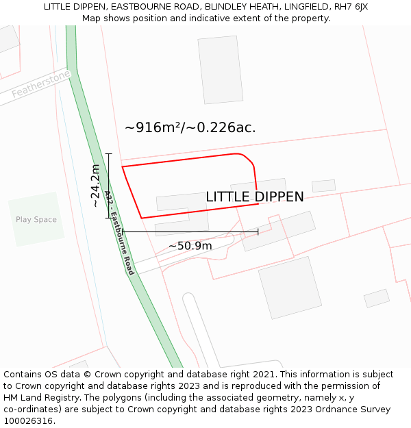 LITTLE DIPPEN, EASTBOURNE ROAD, BLINDLEY HEATH, LINGFIELD, RH7 6JX: Plot and title map