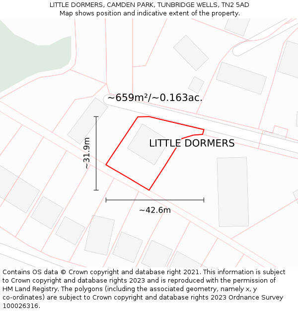 LITTLE DORMERS, CAMDEN PARK, TUNBRIDGE WELLS, TN2 5AD: Plot and title map