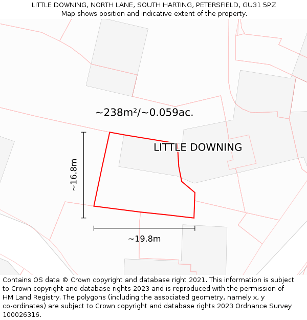 LITTLE DOWNING, NORTH LANE, SOUTH HARTING, PETERSFIELD, GU31 5PZ: Plot and title map