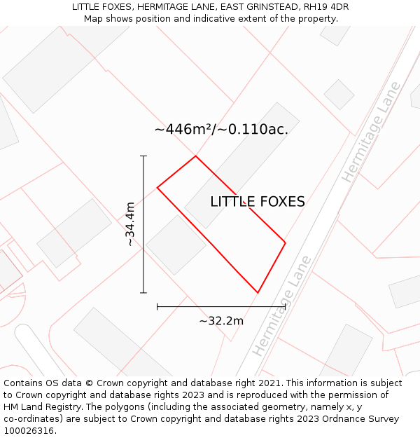 LITTLE FOXES, HERMITAGE LANE, EAST GRINSTEAD, RH19 4DR: Plot and title map