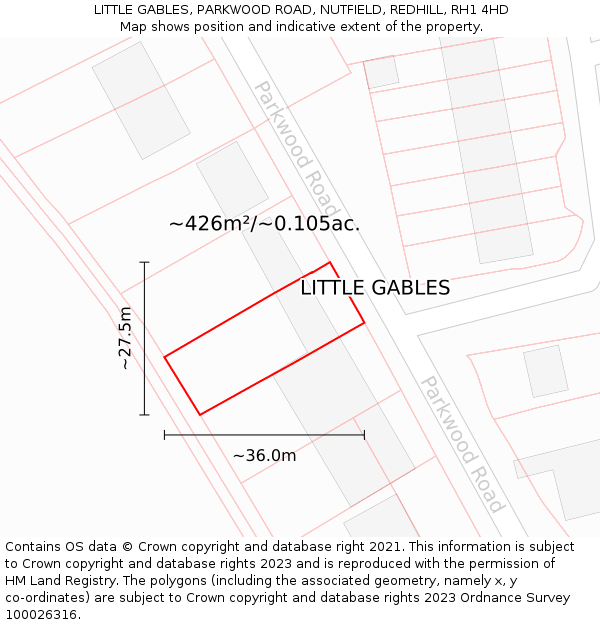 LITTLE GABLES, PARKWOOD ROAD, NUTFIELD, REDHILL, RH1 4HD: Plot and title map