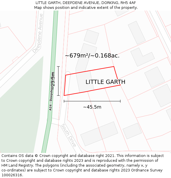 LITTLE GARTH, DEEPDENE AVENUE, DORKING, RH5 4AF: Plot and title map