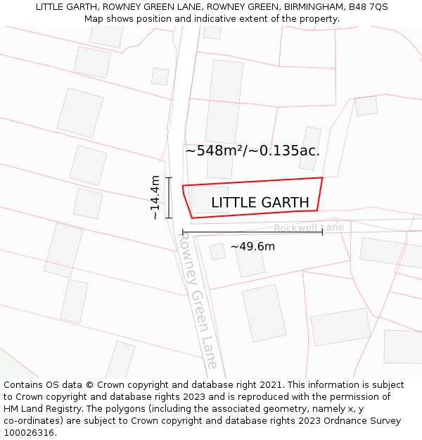 LITTLE GARTH, ROWNEY GREEN LANE, ROWNEY GREEN, BIRMINGHAM, B48 7QS: Plot and title map