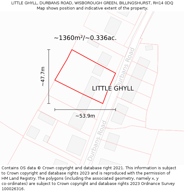 LITTLE GHYLL, DURBANS ROAD, WISBOROUGH GREEN, BILLINGSHURST, RH14 0DQ: Plot and title map