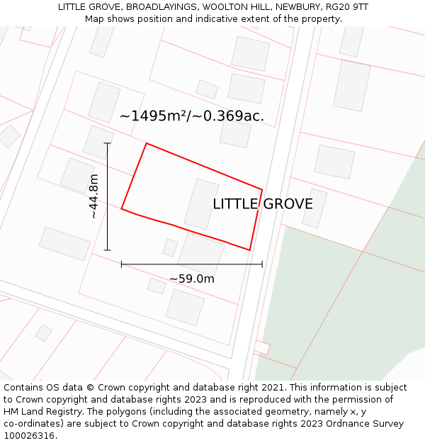 LITTLE GROVE, BROADLAYINGS, WOOLTON HILL, NEWBURY, RG20 9TT: Plot and title map