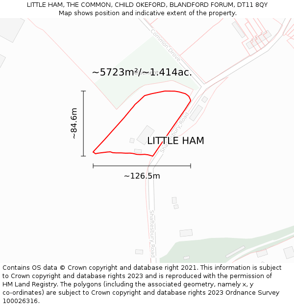 LITTLE HAM, THE COMMON, CHILD OKEFORD, BLANDFORD FORUM, DT11 8QY: Plot and title map