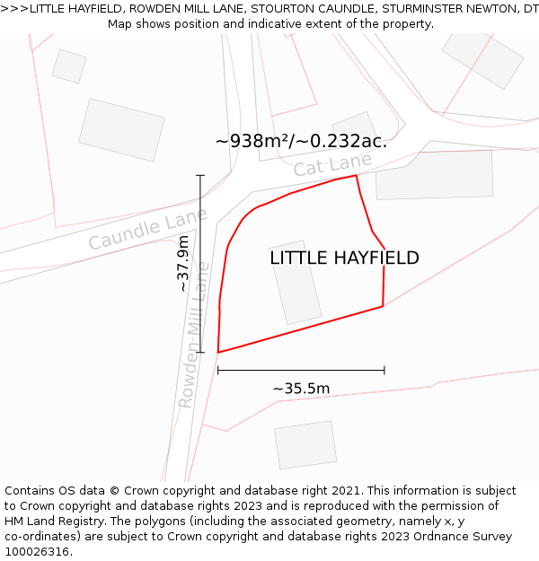 LITTLE HAYFIELD, ROWDEN MILL LANE, STOURTON CAUNDLE, STURMINSTER NEWTON, DT10 2JT: Plot and title map