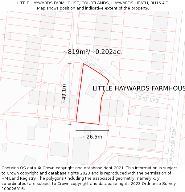 LITTLE HAYWARDS FARMHOUSE, COURTLANDS, HAYWARDS HEATH, RH16 4JD: Plot and title map