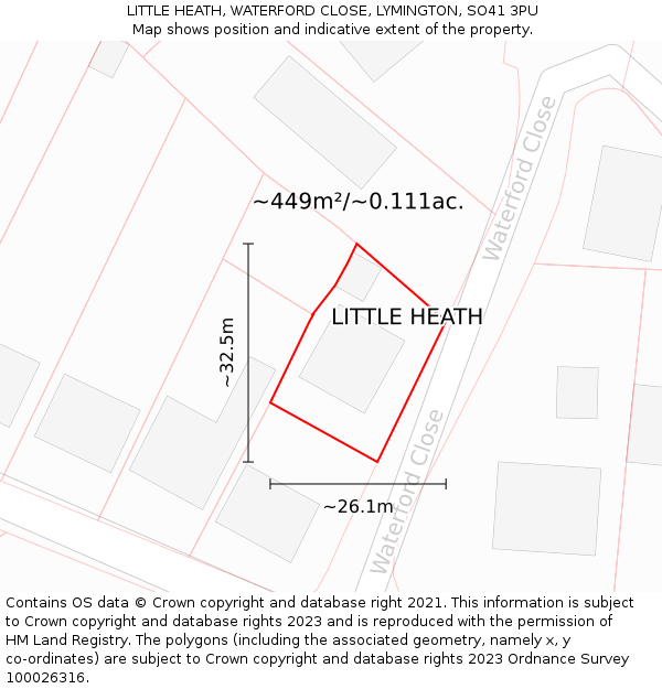 LITTLE HEATH, WATERFORD CLOSE, LYMINGTON, SO41 3PU: Plot and title map