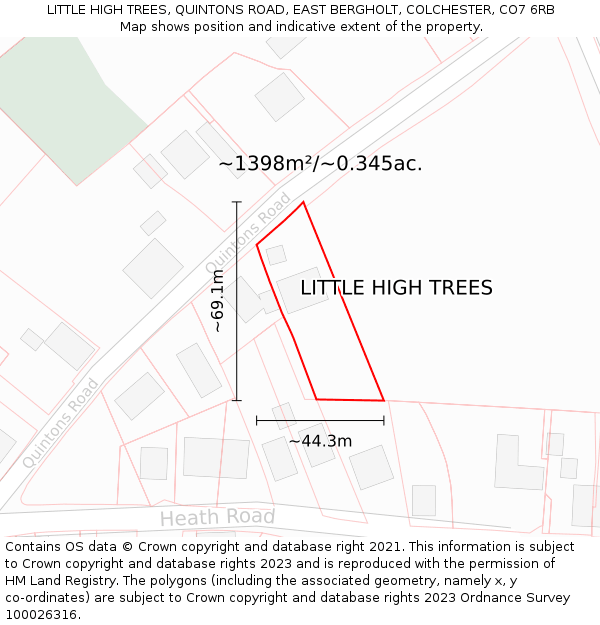LITTLE HIGH TREES, QUINTONS ROAD, EAST BERGHOLT, COLCHESTER, CO7 6RB: Plot and title map