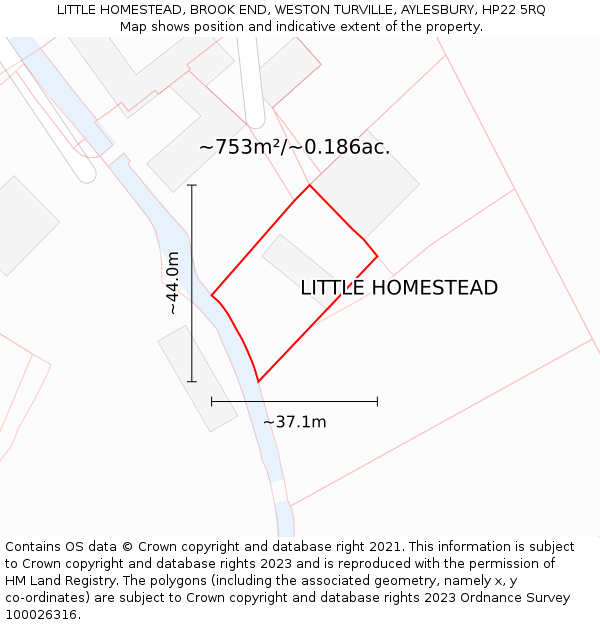 LITTLE HOMESTEAD, BROOK END, WESTON TURVILLE, AYLESBURY, HP22 5RQ: Plot and title map