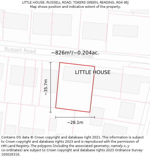 LITTLE HOUSE, RUSSELL ROAD, TOKERS GREEN, READING, RG4 9EJ: Plot and title map