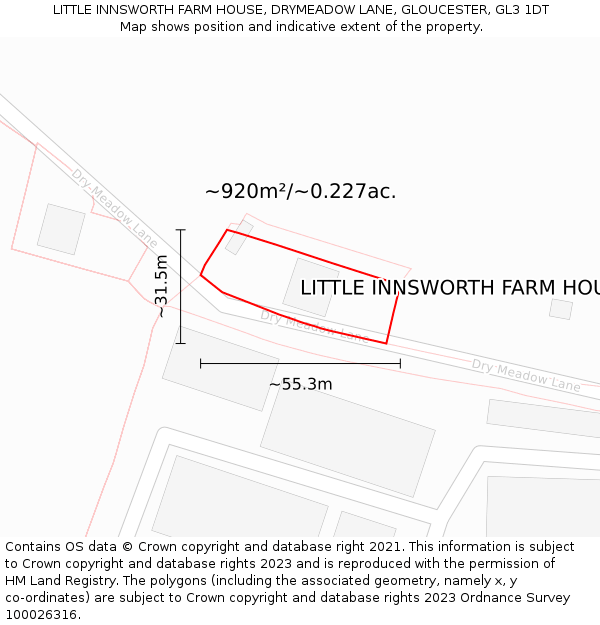 LITTLE INNSWORTH FARM HOUSE, DRYMEADOW LANE, GLOUCESTER, GL3 1DT: Plot and title map