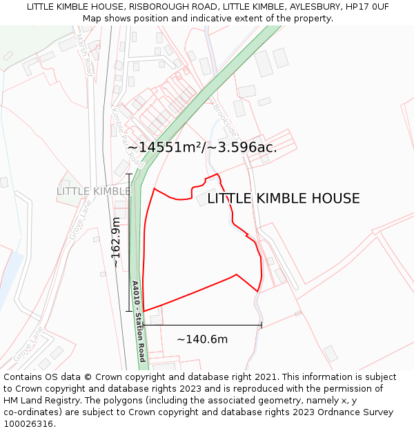 LITTLE KIMBLE HOUSE, RISBOROUGH ROAD, LITTLE KIMBLE, AYLESBURY, HP17 0UF: Plot and title map