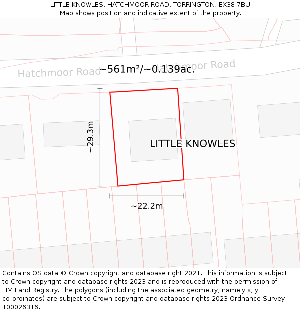 LITTLE KNOWLES, HATCHMOOR ROAD, TORRINGTON, EX38 7BU: Plot and title map