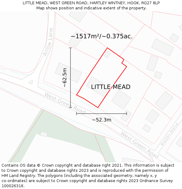 LITTLE MEAD, WEST GREEN ROAD, HARTLEY WINTNEY, HOOK, RG27 8LP: Plot and title map