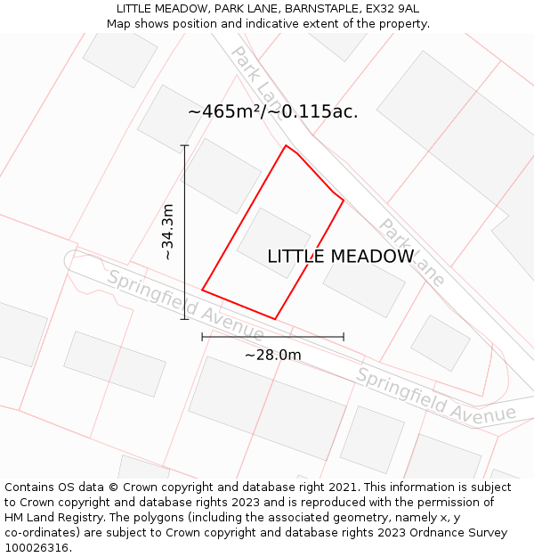 LITTLE MEADOW, PARK LANE, BARNSTAPLE, EX32 9AL: Plot and title map